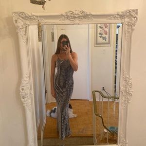 Vintage Scott McClintock textured silver velvet gown with chain and bead straps